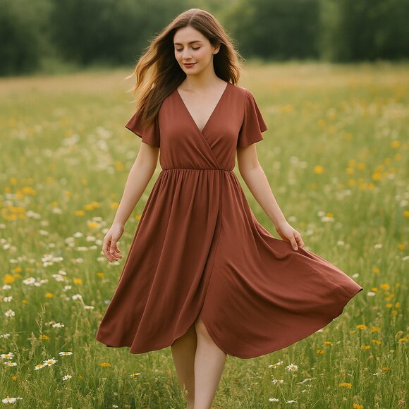 Baltic Born 2XL Mauve Faux Wrap Midi Dress Flutter Sleeve Boho Slit Lined Fall - Picture 1 of 7